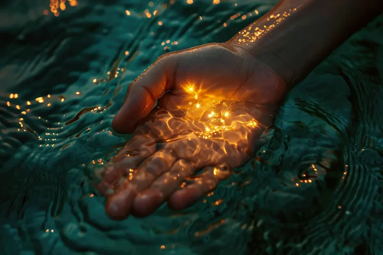 Une main dans l'eau nocturne tentant en vain d'attraper des points lumineux.